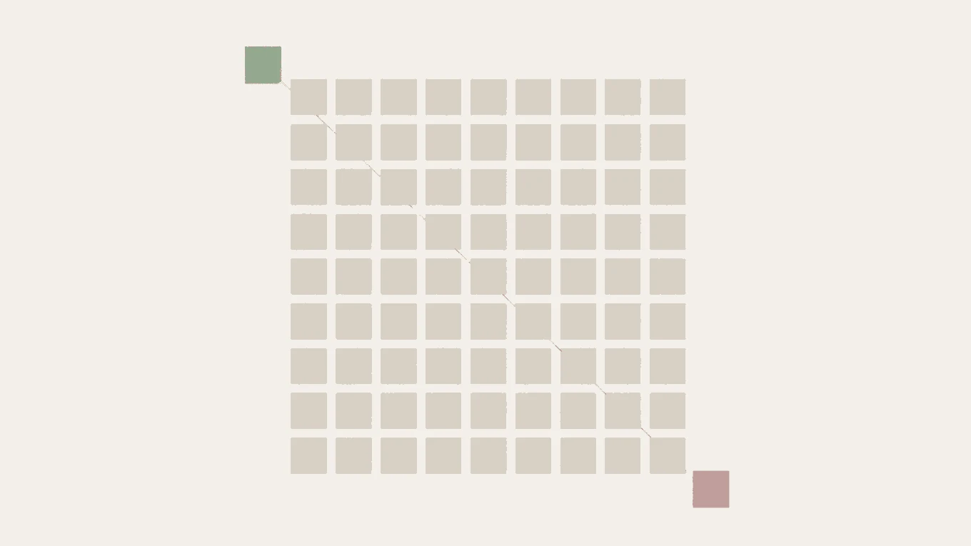 A wide grid of small identical squares. Two squares are pulled out of the grid, one at the top left and one at the bottom right, and a single line joins them. The rest of the grid is left empty.